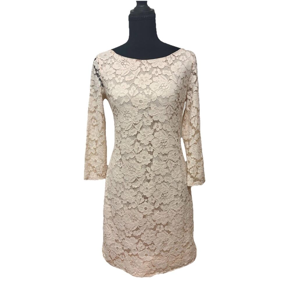 Vince Camuto Womens Size 4 Peach Floral Lace Dress 3/4 Sleeve A-Line Knee Length